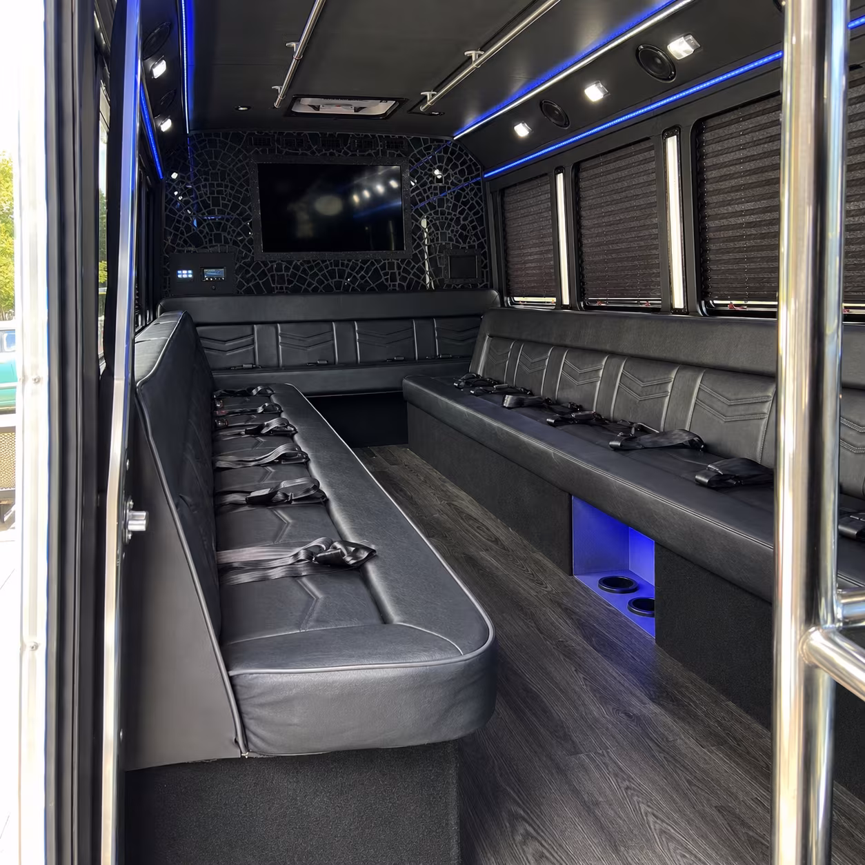 Group beside a Mercedes Sprinter limo in Bakersfield