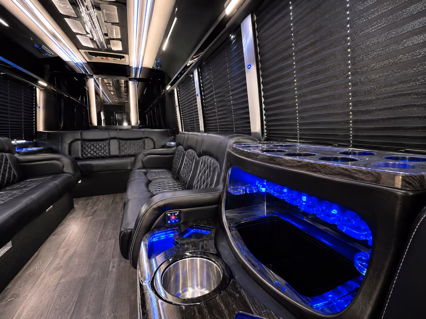 Passenger seating aboard a party bus rental serving Bakersfield